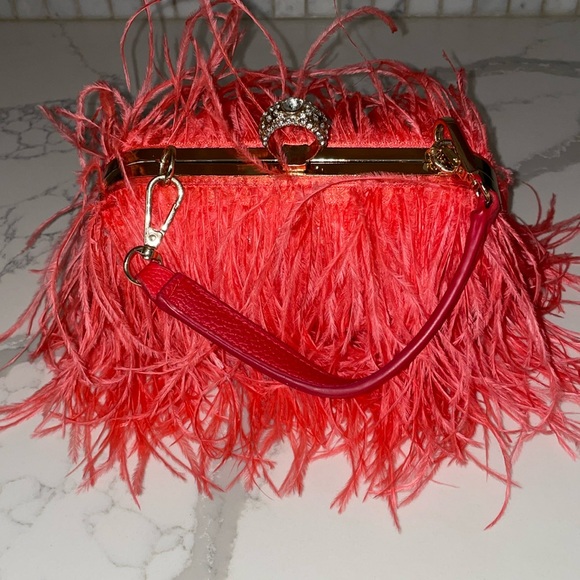 Handbags - Ostrich Feather Clutch Purse Pink Coral Bag Evening Purse Wedding Dust Bag